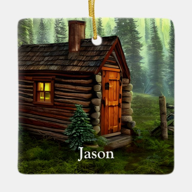 Abstract Whimsical Little Hunting Cabin Ceramic Ornament (Front)