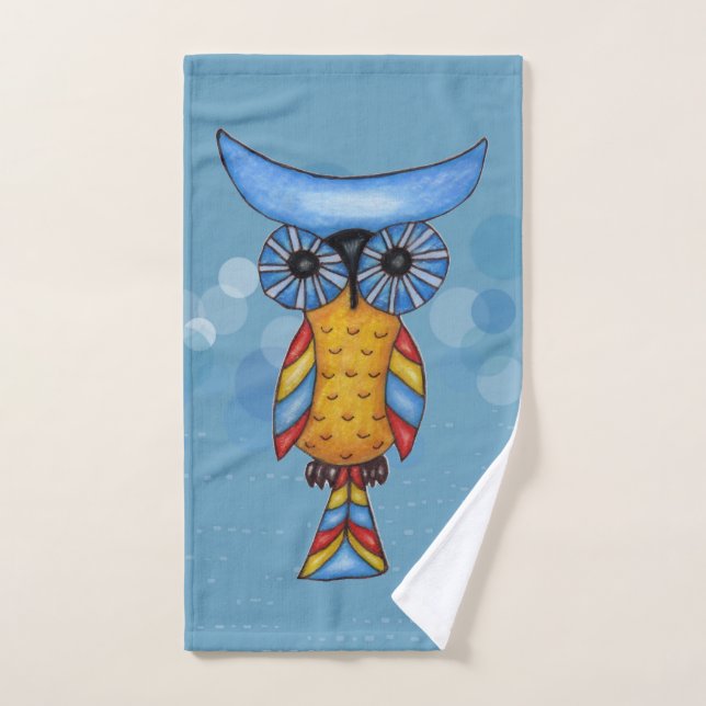 Abstract Whimsical Owl Big Blue Eyes on Circles Hand Towel (Hand Towel)