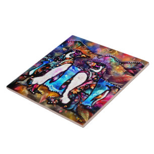 Abstract Whimsical Penguin Family Floral Colorful Tile