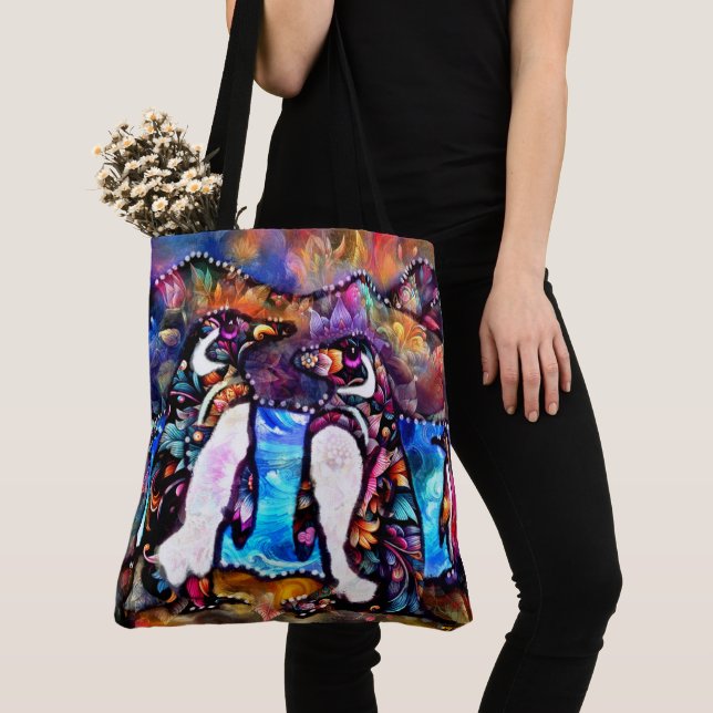 Abstract Whimsical Penguin Family Floral Colourful Tote Bag (Close Up)