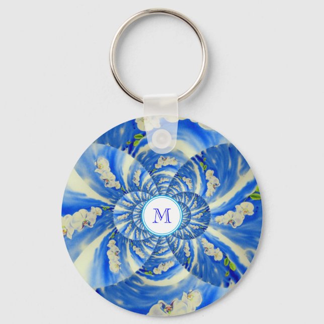 Abstract white blue floral painting keychain (Front)