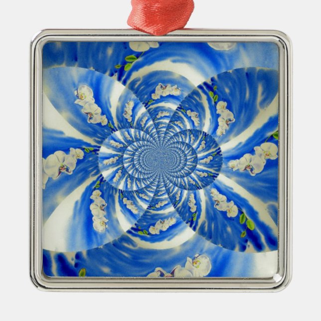 Abstract white blue floral painting metal ornament (Front)