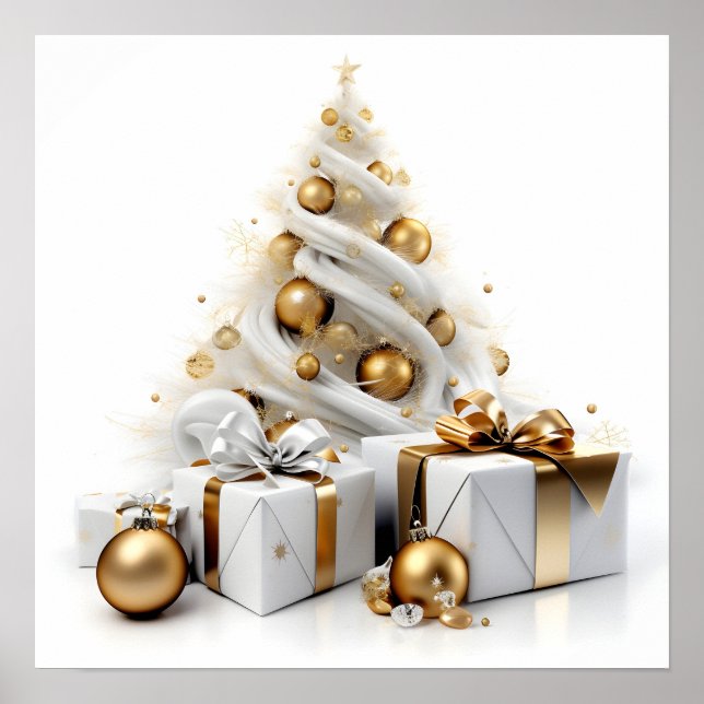 Abstract white christmas tree with gold accents poster (Front)