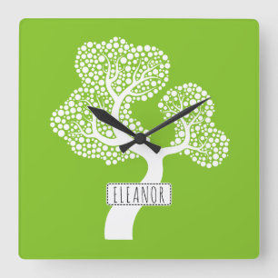Abstract white circle tree and name lime green square wall clock