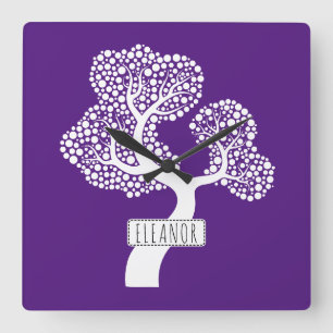 Abstract white circle tree and name royal purple square wall clock
