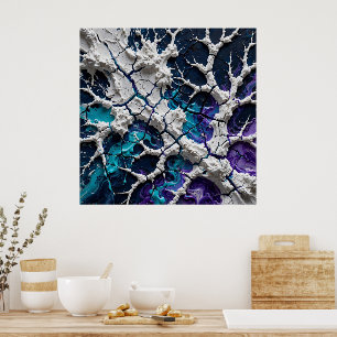 Abstract White Cracked Paint Texture on Dark Blue Poster