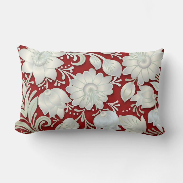 Abstract White Floral Ornament on Red Background Lumbar Pillow (Front)