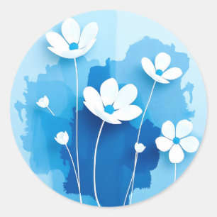 Abstract White Flowers Light Blue Background  Classic Round Sticker