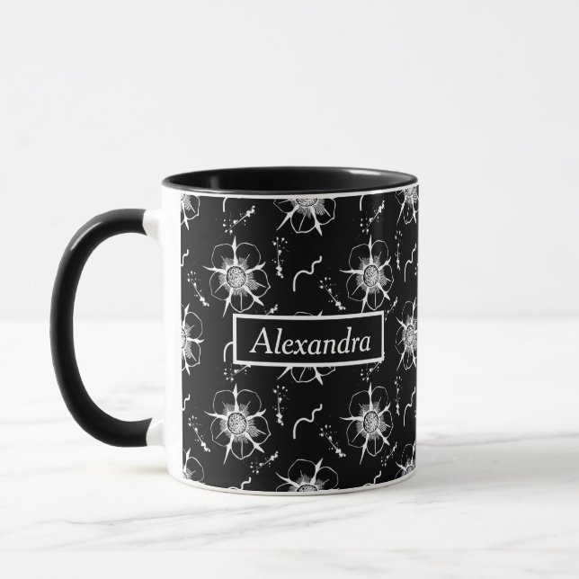 Abstract White Line Art Flowers Mug (Left)