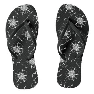 Abstract White Line Art Flowers On Black Flip Flops