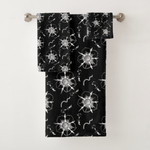 Abstract White Line Flowers On Black Bath Towel Set