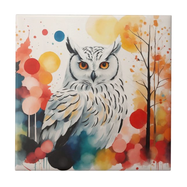 Abstract White Owl In Colourful Dreamy Forest Tile (Front)