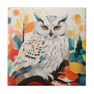 Abstract White Owl On Colorful Forest Tree Branch Tile