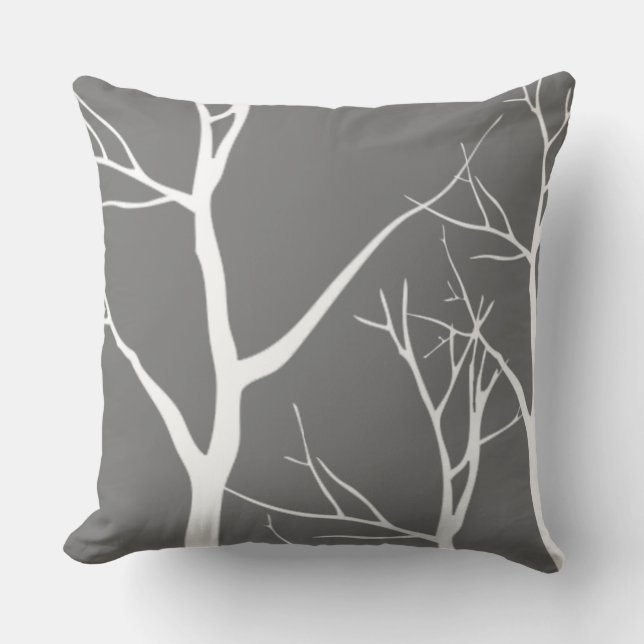 Abstract White Tree Pattern On Grey Throw Pillow (Front)