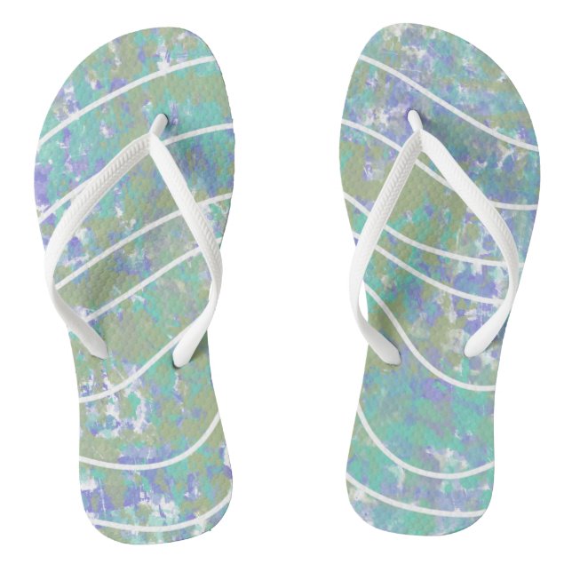 Abstract White Waves Green Aqua Purple Flip Flops (Footbed)