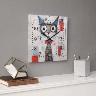 Abstract Wide Eyed Colourful Cat Square Wall Clock