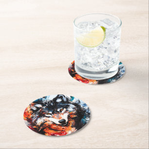 Abstract Wild Spirit Wolf Round Paper Coaster