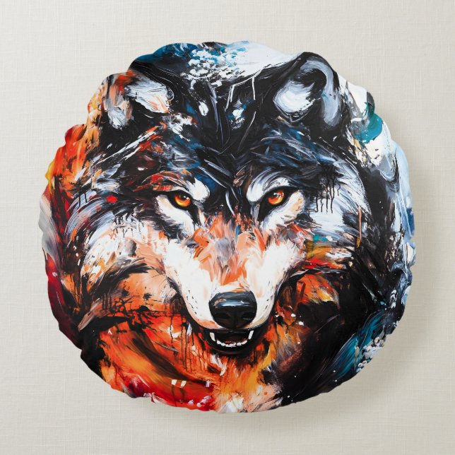 Abstract Wild Spirit Wolf Round Pillow (Front)