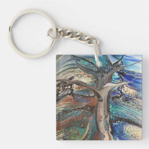 Abstract wild tree blues and greens keychain