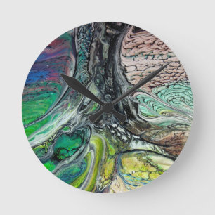 Abstract wild tree greens and blues round clock