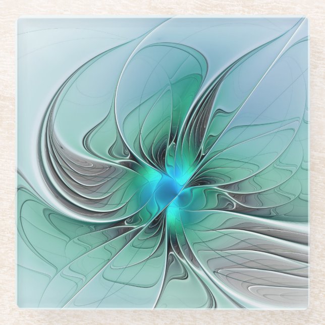 Abstract With Blue, Modern Fractal Art Glass Coaster (Front)