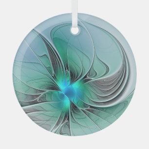 Abstract With Blue, Modern Fractal Art Glass Ornament
