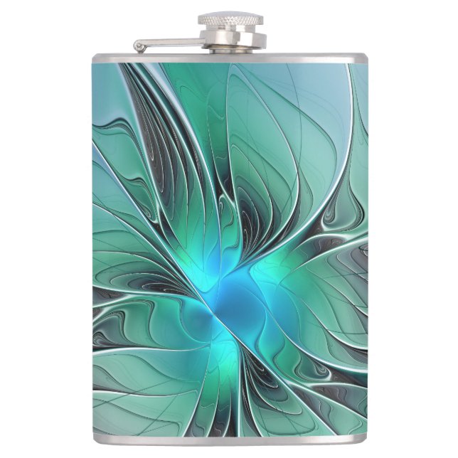 Abstract With Blue, Modern Fractal Art Hip Flask (Front)