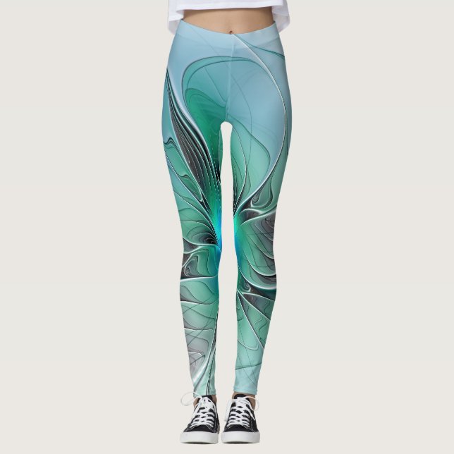 Abstract With Blue, Modern Fractal Art Leggings (Front)