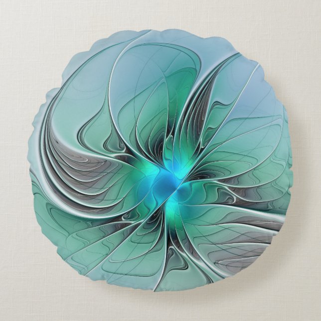 Abstract With Blue, Modern Fractal Art Round Pillow (Front)