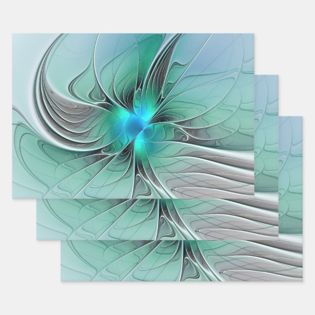 Abstract With Blue, Modern Fractal Art Wrapping Paper Sheet (Set)