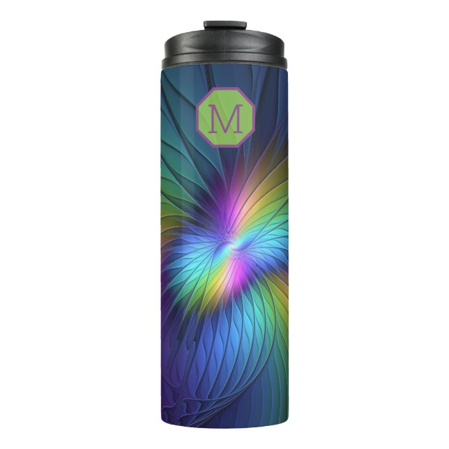 Abstract With Blue, Modern Fractal Monogram Thermal Tumbler (Front)