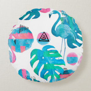 Abstract with watercolor flamingo and random eleme round pillow