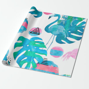 Abstract with watercolor flamingo and random eleme wrapping paper