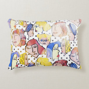Abstract woman faces, watercolor polka dots. accent pillow