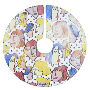 Abstract woman faces, watercolor polka dots. brushed polyester tree skirt