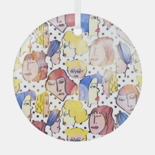 Abstract woman faces, watercolor polka dots. glass ornament
