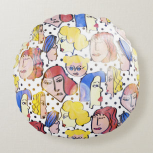Abstract woman faces, watercolor polka dots. round pillow