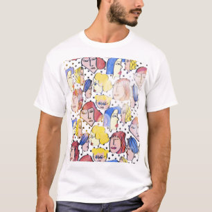 Abstract woman faces, watercolor polka dots. T-Shirt