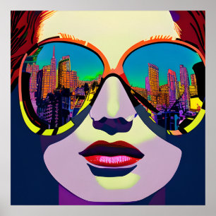 Abstract Woman in Sunglasses with City Reflection  Poster