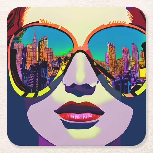 Abstract Woman in Sunglasses with City Reflection  Square Paper Coaster (Front)