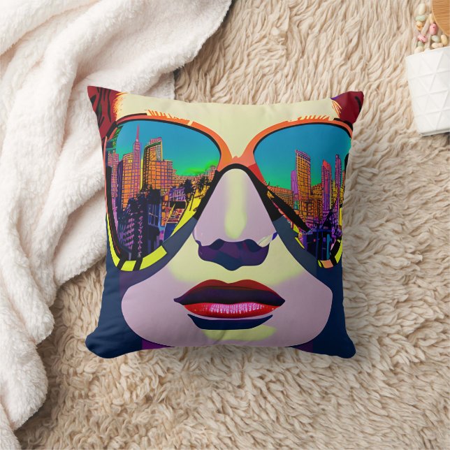 Abstract Woman in Sunglasses with City Reflection  Throw Pillow (Blanket)