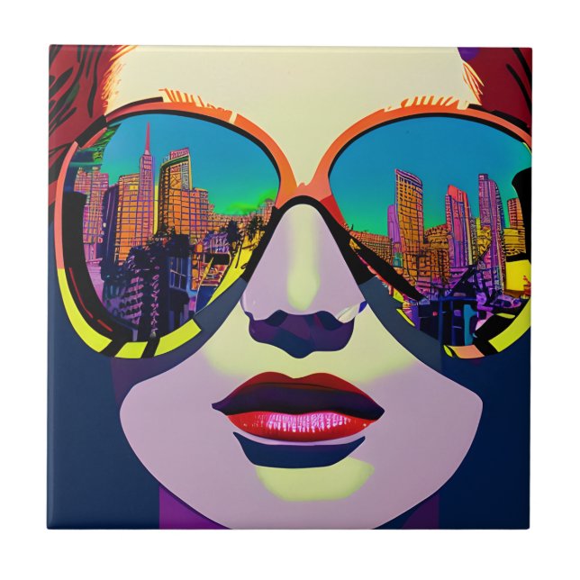 Abstract Woman in Sunglasses with City Reflection  Tile (Front)