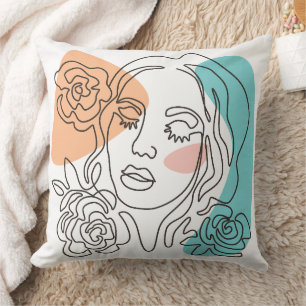 Abstract Woman Line Art Floral Portrait Throw Pillow