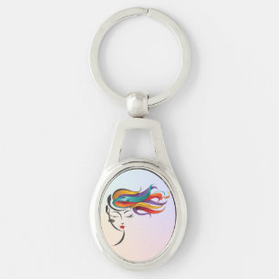 Abstract Woman with Colourful Flowing Hair Art Keychain