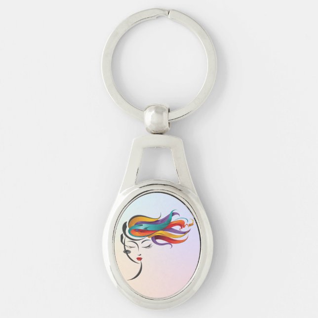 Abstract Woman with Colourful Flowing Hair Art Keychain (Front)