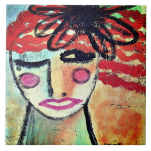 Abstract Woman with Flower Painting on OSB Board Tile