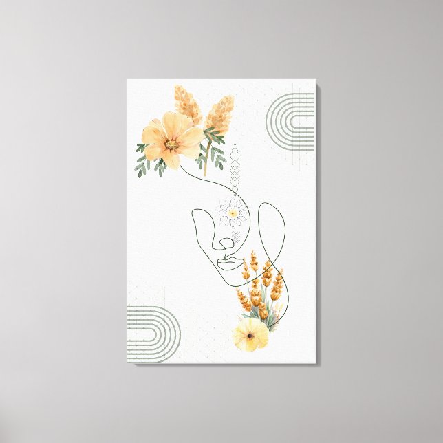 Abstract women art with orange flowers around  canvas print (Front)
