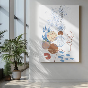 Abstract women face line art with blue flower eye canvas print