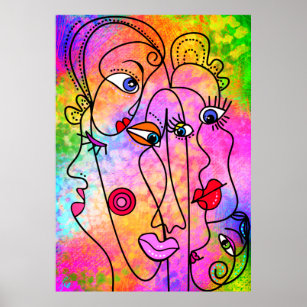 Abstract Women Face Poster Cubism Style Painting