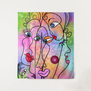 Abstract Women Faces Moods - Cubism Style Drawing  Tapestry